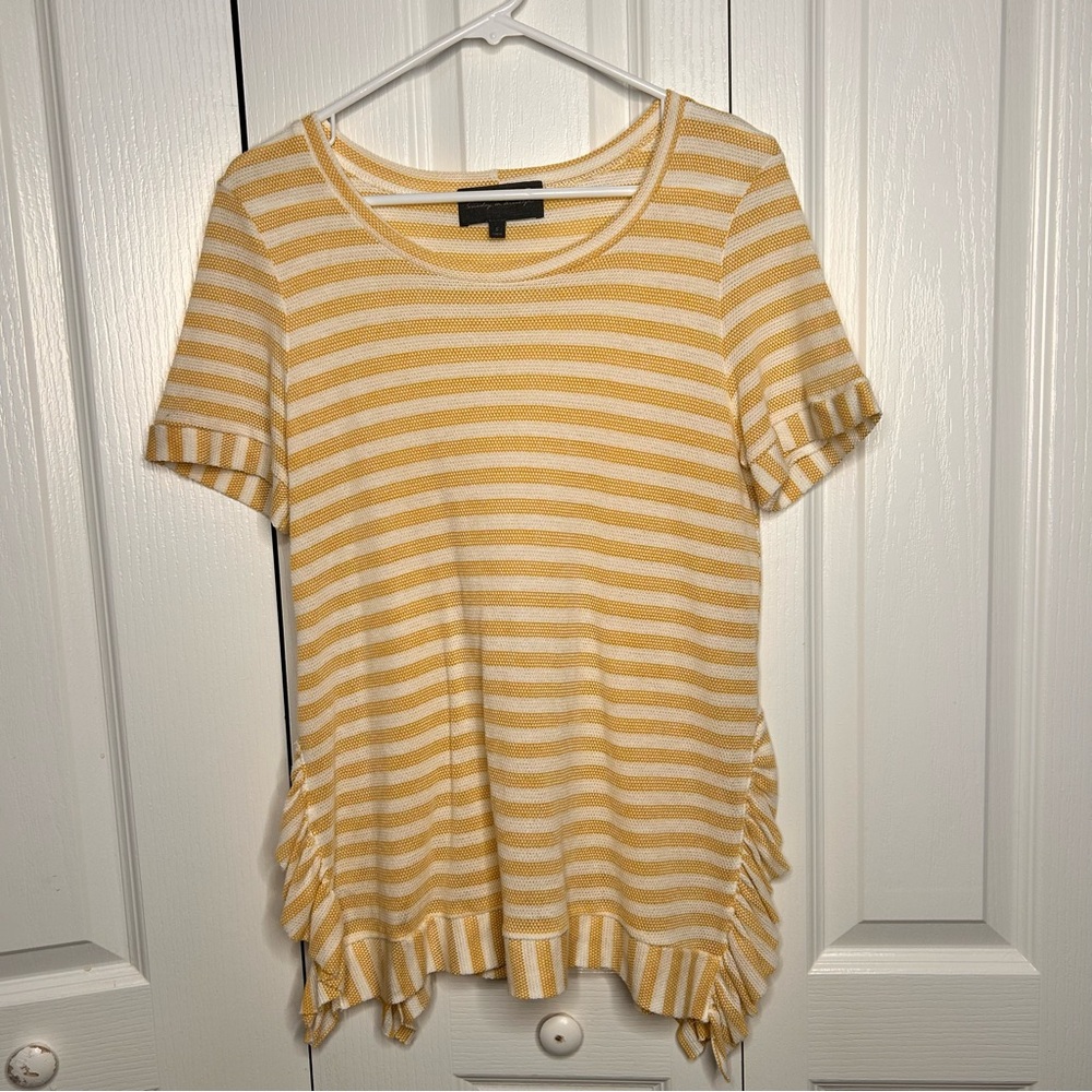 Sunday in Brooklyn Anthro Ruffle Stripe SS Tee Small Off White‎ Yellow Textured